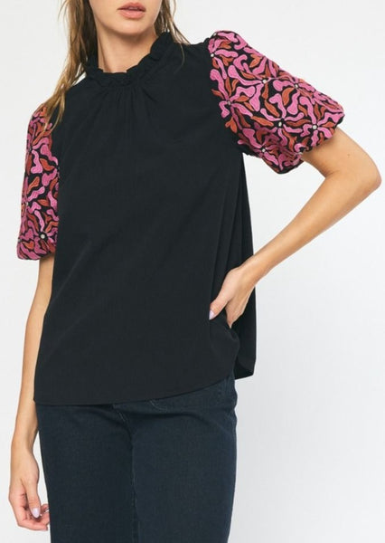 Contessa Embroidered Puff Sleeve Top in Black