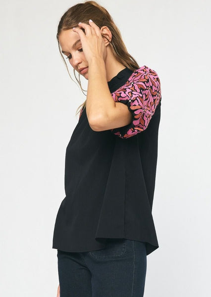 Contessa Embroidered Puff Sleeve Top in Black
