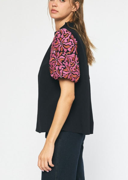 Contessa Embroidered Puff Sleeve Top in Black