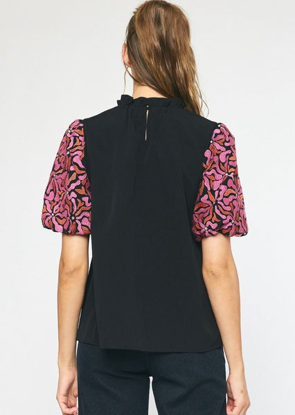 Contessa Embroidered Puff Sleeve Top in Black