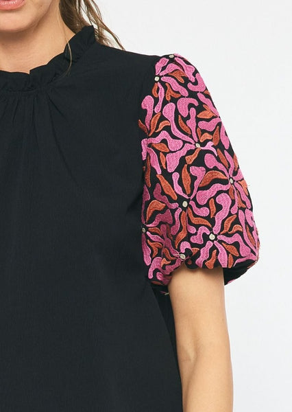 Contessa Embroidered Puff Sleeve Top in Black