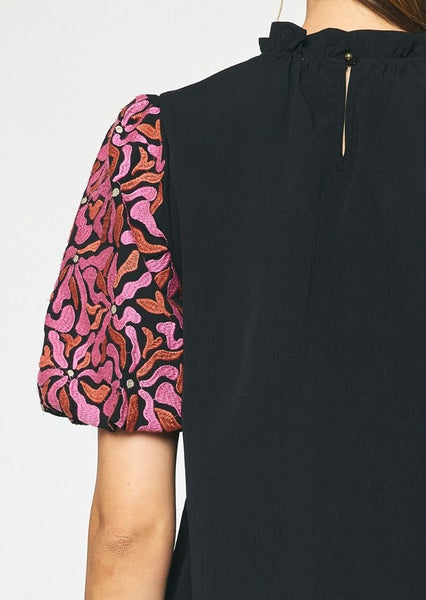 Contessa Embroidered Puff Sleeve Top in Black