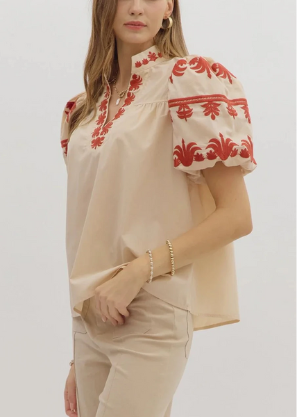 Embroidered Puff Sleeve Top