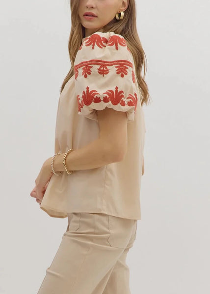 Embroidered Puff Sleeve Top