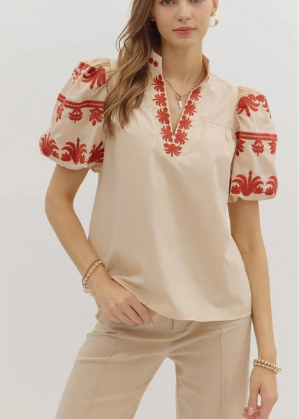Embroidered Puff Sleeve Top