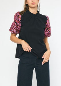 Contessa Embroidered Puff Sleeve Top in Black
