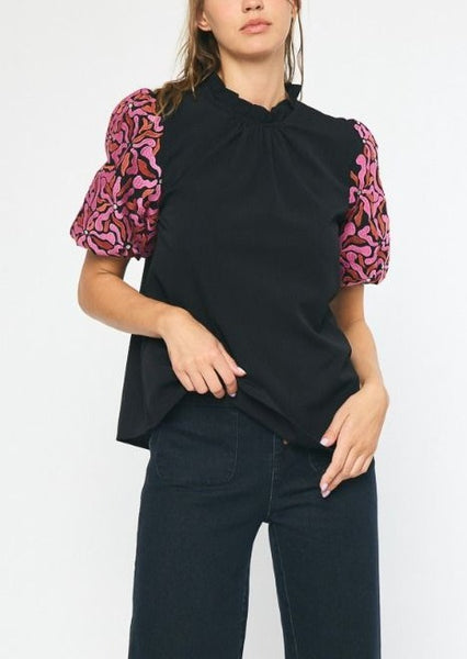 Contessa Embroidered Puff Sleeve Top in Black