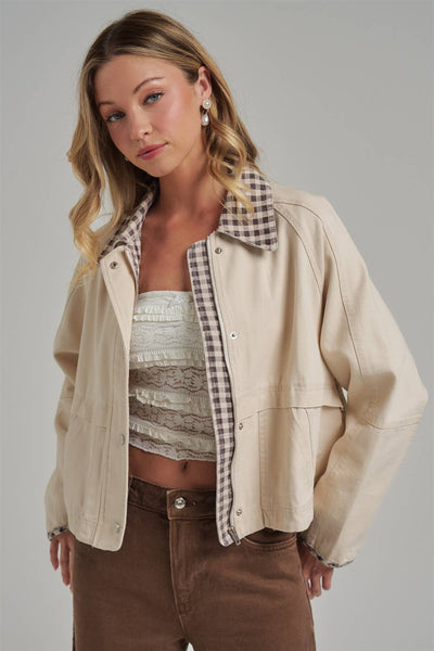 VINTAGE OXFORD CANVAS TWILL FALL JACKET_JLT00253-01: OLIVE/OATMEAL / S-M-L(2-2-2)