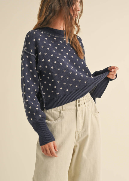 Navy Patterned Cropped Sweater