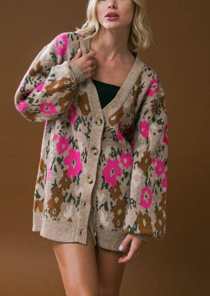 Poppin' Pink Floral Cardigan Sweater