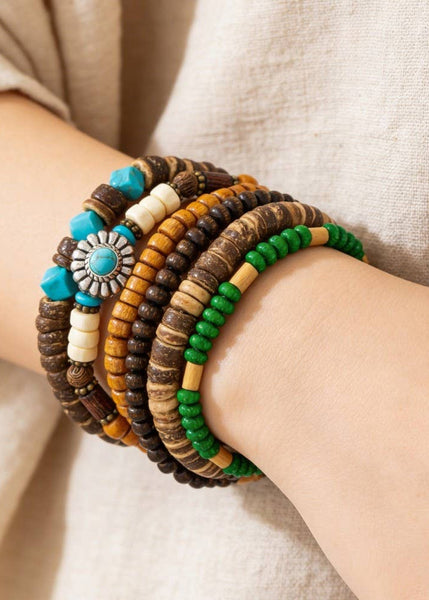 Western Wooden Beads Stackable Bracelet Set