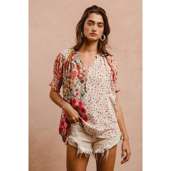 Woven Mixed Print Floral Top