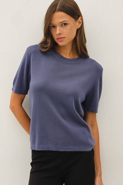 CASHMERE BLENDED SHORT SLEEVE SWEATER  : SLATE BLUE / M