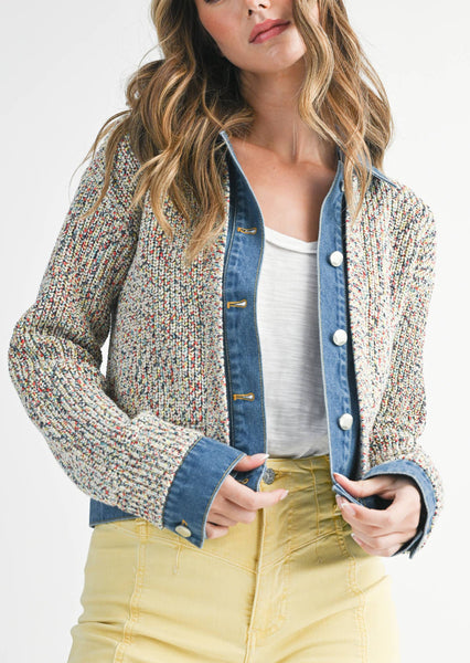 Multicolor Knit Button-Up Jacket with Denim Trim