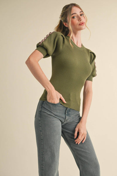 Olive Crochet Puff Sleeve Knit Sweater Top