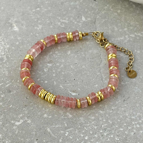 Tarnish Resistant Stone And Gold Beaded Bracelet in Pink