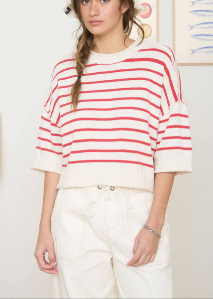 Striped Raw Edge Drop Shoulder Sweater
