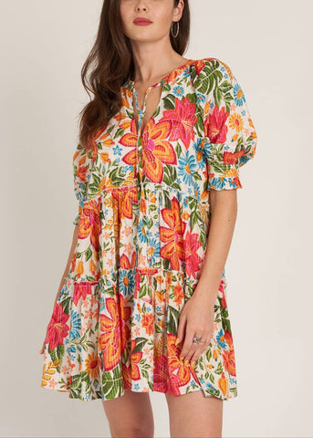 Printed Puff Sleeve Tiered Mini Dress with Lurex