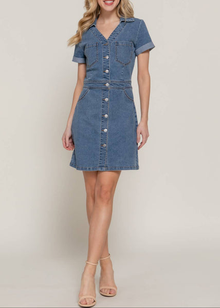 Stretch Denim Button Up Mini Dress