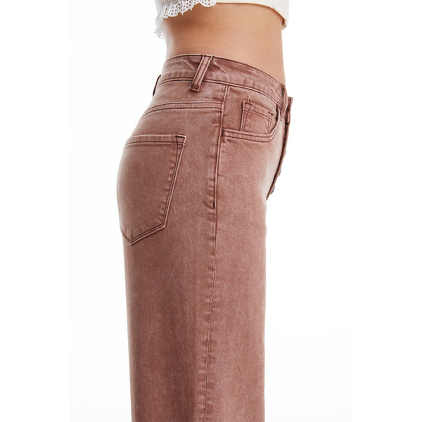High Rise Wide Leg Raw Hem Jeans in Cappuccino Brown