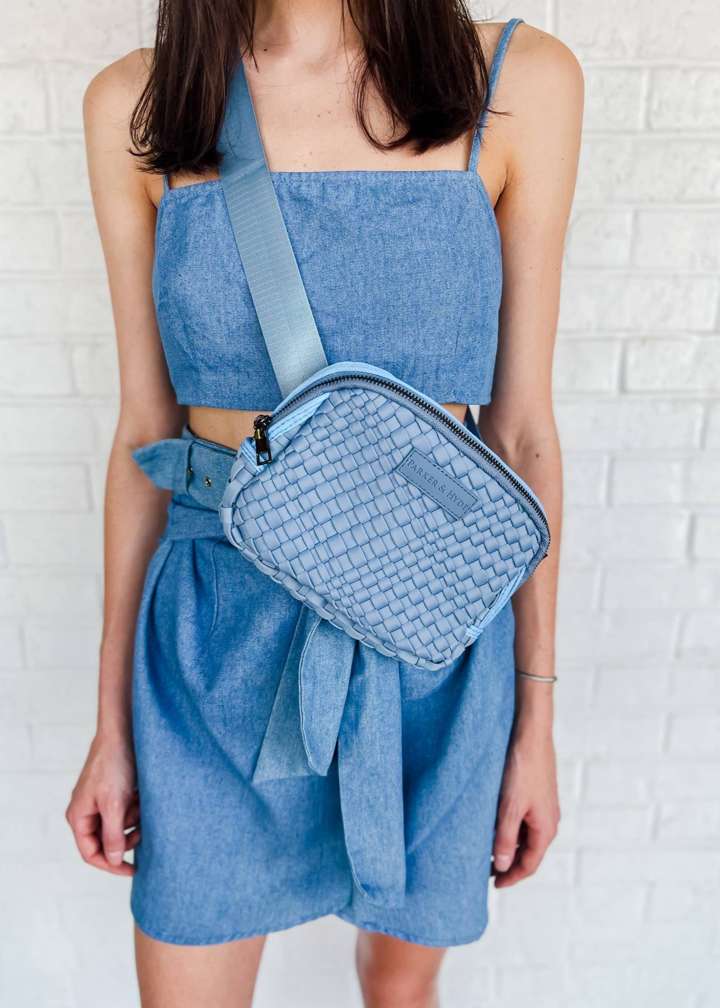 Blue Denim Woven Belt Bag by Parker & Hyde