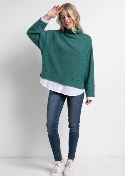 Long Sleeves Brushed Knit Layered Knit Top in Hunter Green
