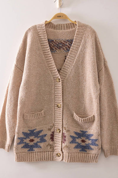 Western Horse Intarsia Knit Cardigan in Oatmeal