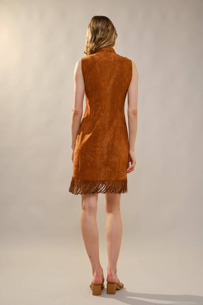 99655D Embroidered Suede Fringe Dress: BROWN / S-M-L (2-2-2)