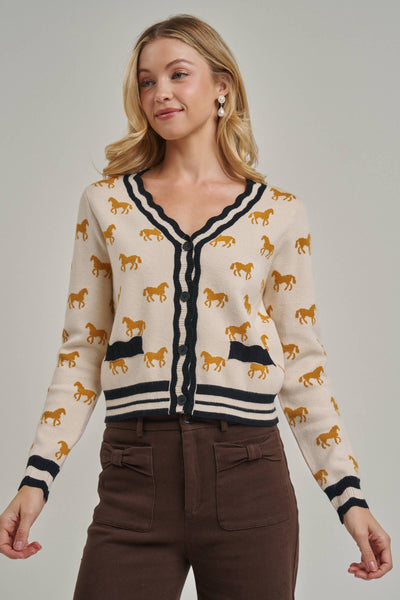 SUPER SOFT HORSE PRINT KNIT CARDIGAN_JLT00386-01: TAUPE COMBO / S-M-L(2-2-2)