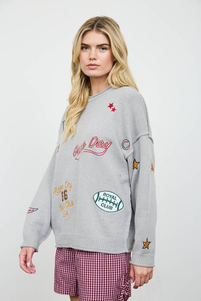 GAME DAY EMBROIDERED CREW NECK KNIT SWEATER: OATMEAL