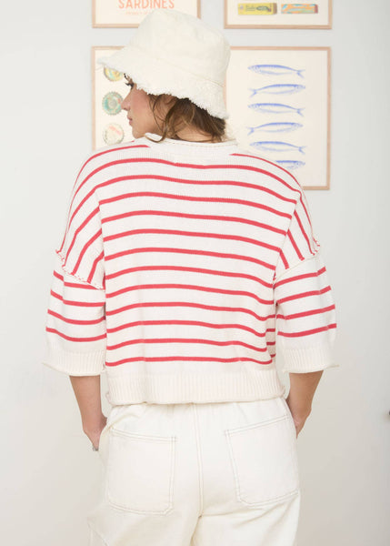 Striped Raw Edge Drop Shoulder Sweater