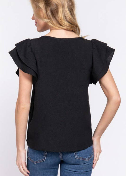 Flutter Sleeve Embroidered Top in Black