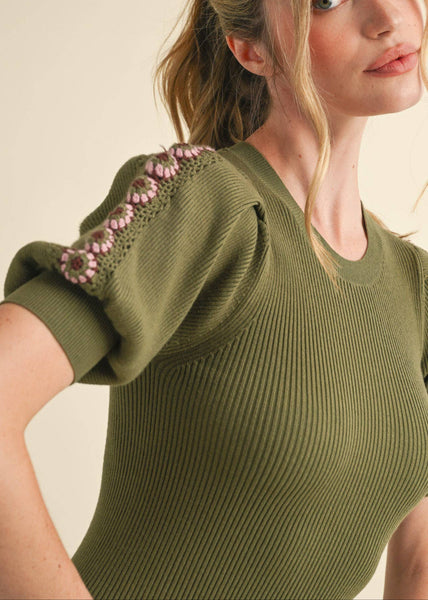 Olive Crochet Puff Sleeve Knit Sweater Top