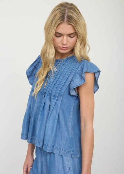 Pintuck Detail Ruffle Sleeve Chambray Top