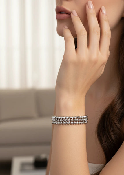 Silver Stacked Stainless Steel  Beaded Bracelet