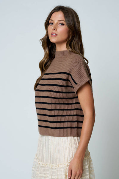 Mocha Striped Mock Neck Knit Sweater