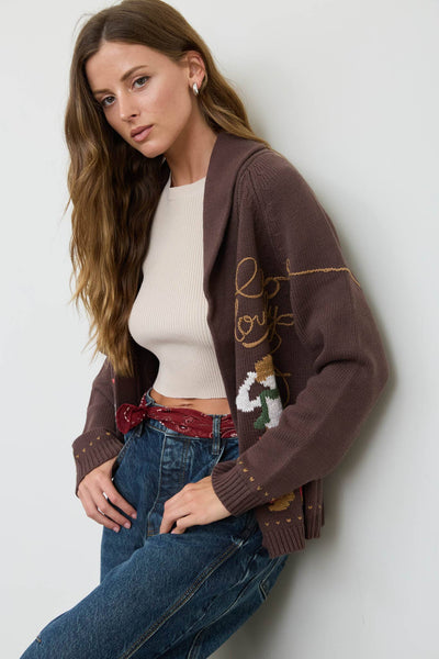 Howdy Cowboy Jacquard Shawl Collar Knit Cardigan Sweater