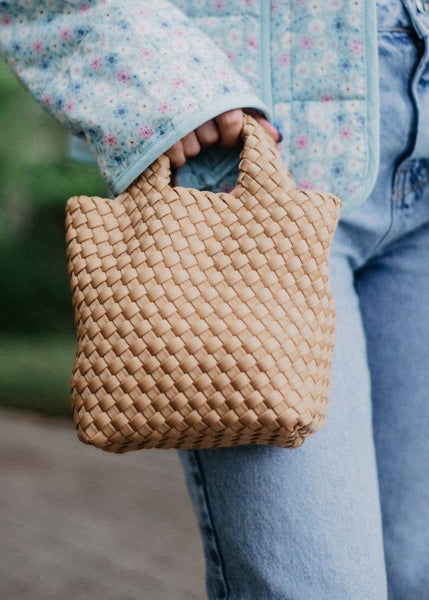 Camel Woven Crossbody Bucket Bag