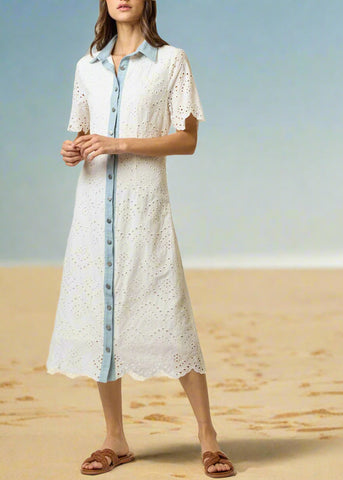 Cotton Eyelet Denim Trim Button Down Midi Dress