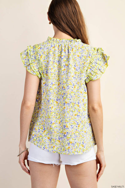Floral Print Ruffle Sleeve Top