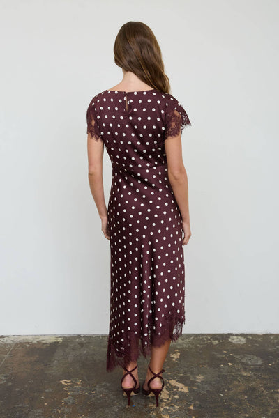 POLKA DOT LACE TRIM SHORT SLEEVE MIDI DRESS: MAROON