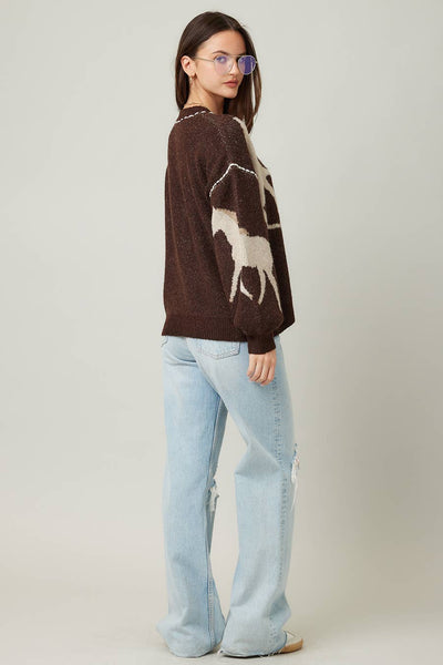 IM8672-Fall Top Rated Knit Horse Cozy Cardigan: S/M / Brown