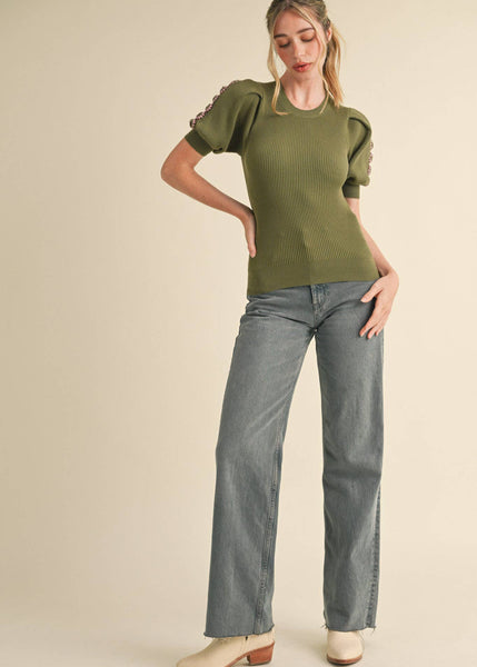 Olive Crochet Puff Sleeve Knit Sweater Top