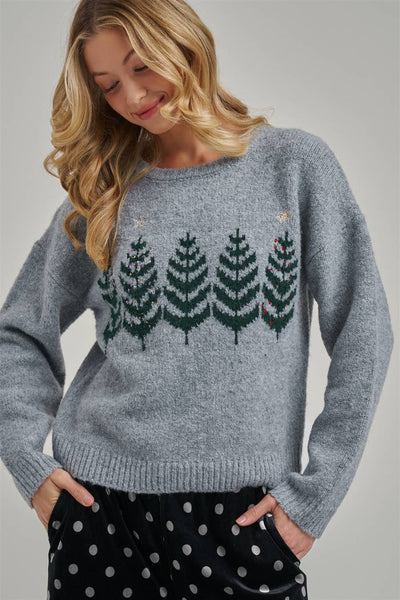 COZY CHRISTMAS TREE HOLIDAY SWEATER TOP_JLT00375-01: GREY / S-M-L(2-2-2)