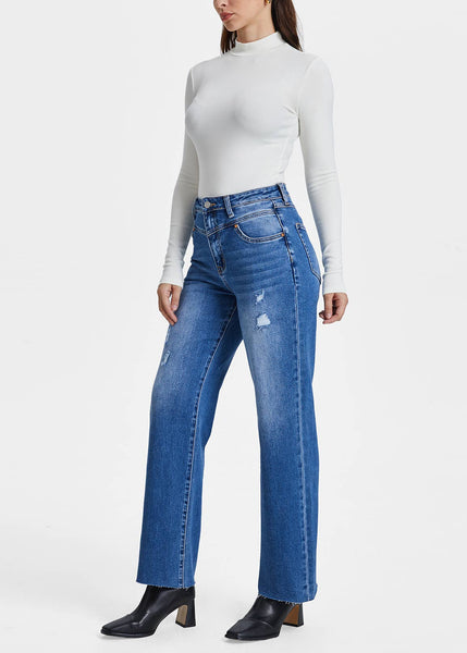 Stretch High Rise Straight Jeans with Raw Hem
