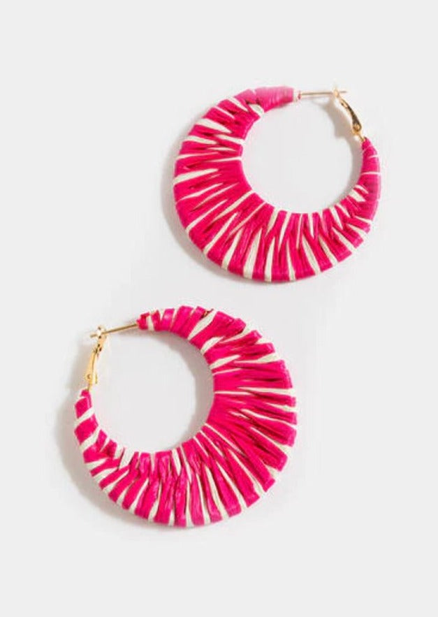 Hot Pink and White Raffia Hoop Earrings