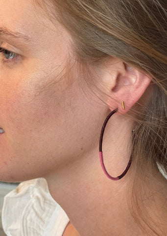 Maroon and pink color block string wrapped hoop earrings