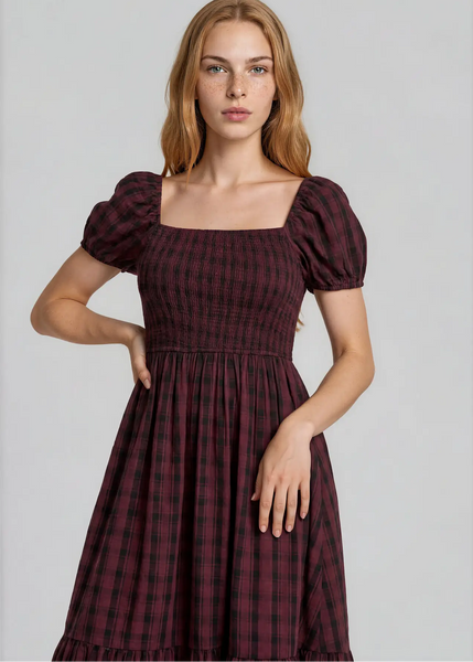 Gingham Smocked Tiered Dress in Burgundy