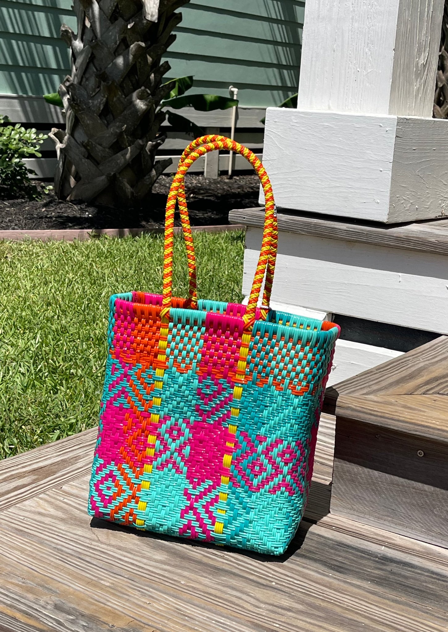 Small Handwoven Recycled Plastic Open Tote Bag
