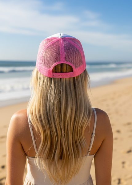 Embroidered Beach Bum Pink and White Trucker Hat